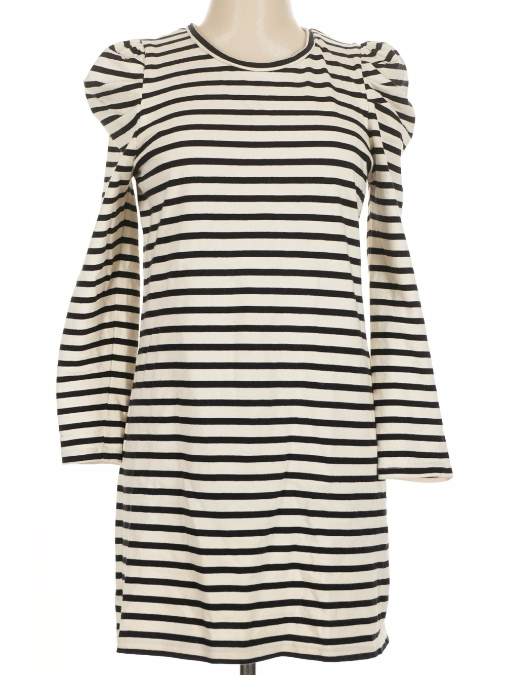 Rebecca Minkoff Black and White Striped Long Sleeve Puff Shoulder Dress